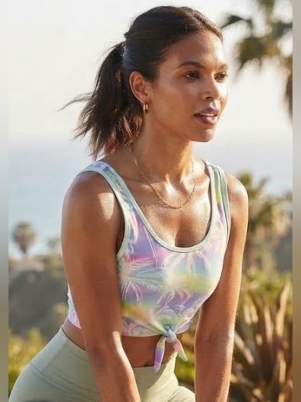 Vintage Maui and Sons Pastel Palm Print Tie Front Crop Tank Top Size Large